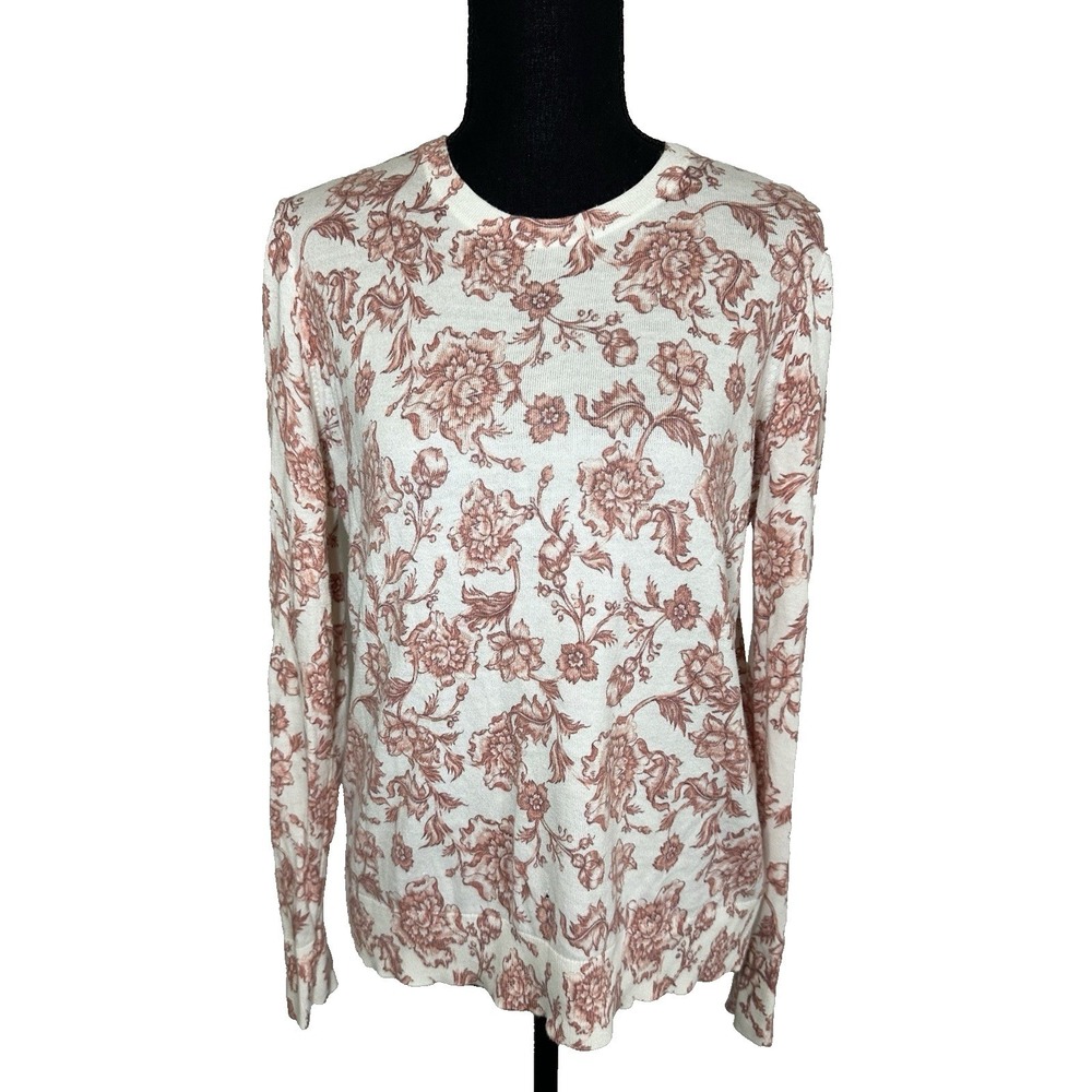 Lauren Ralph Lauren Women's LARGE Floral Crewneck Pink Cream Toile Cottage Fairy